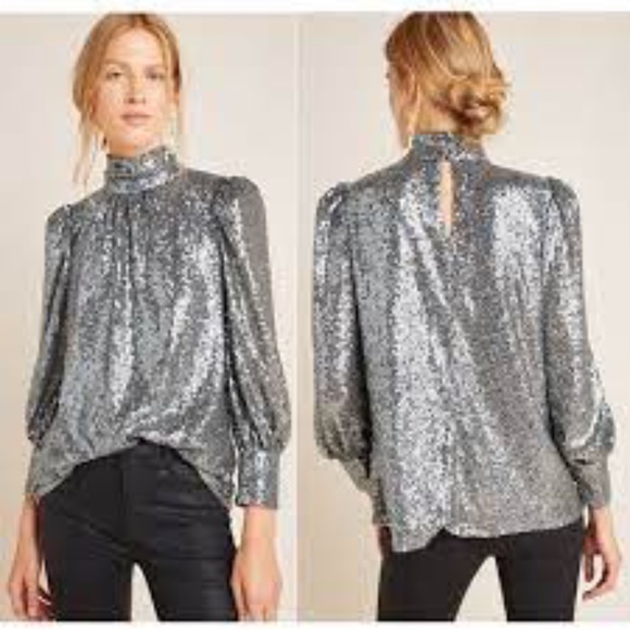 Sunday in Brooklyn Tops - Sunday In Brooklyn Anthropologie Luna Silver Sequin Blouse Top Shirt Sz M